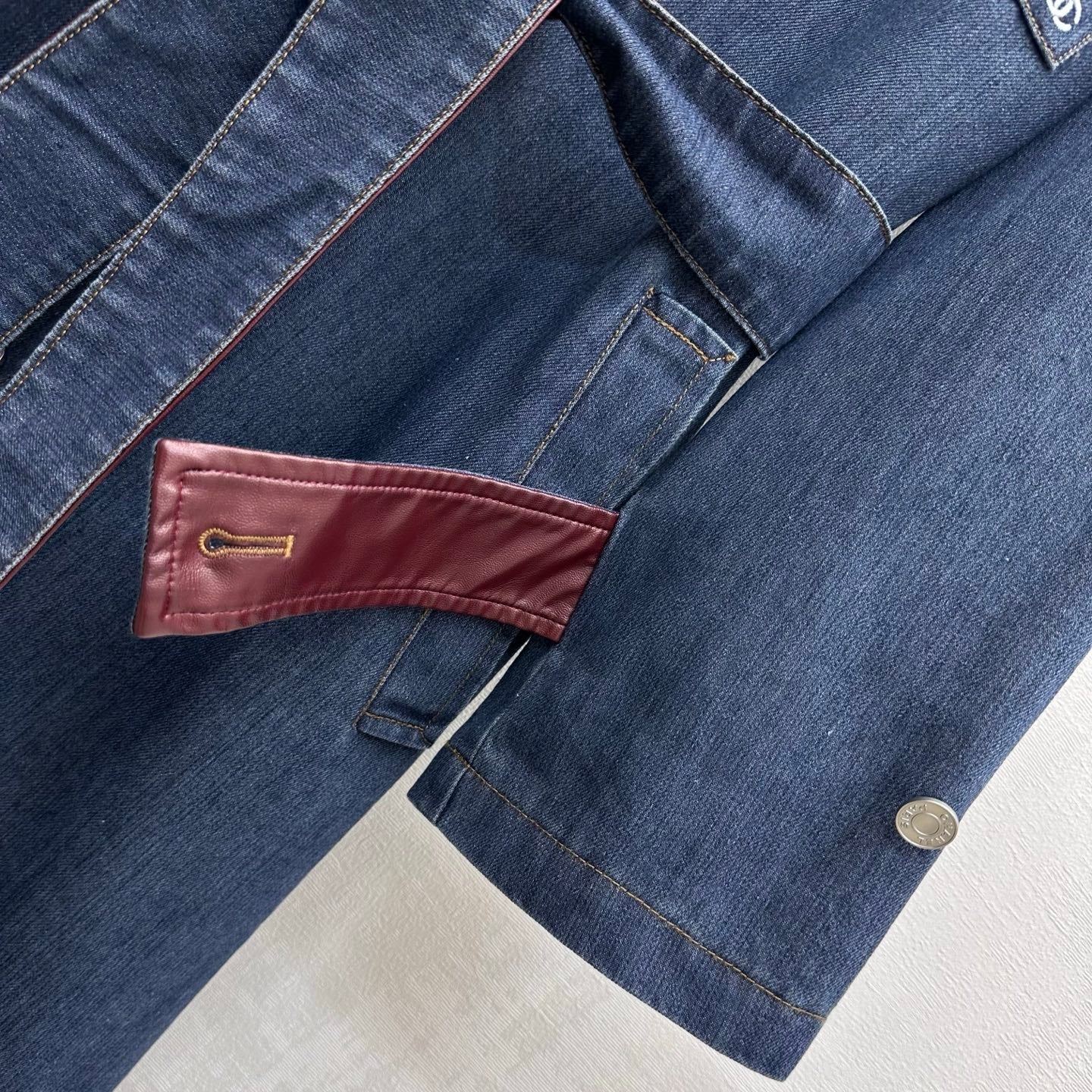 Leather-Collared Denim Trench Coat