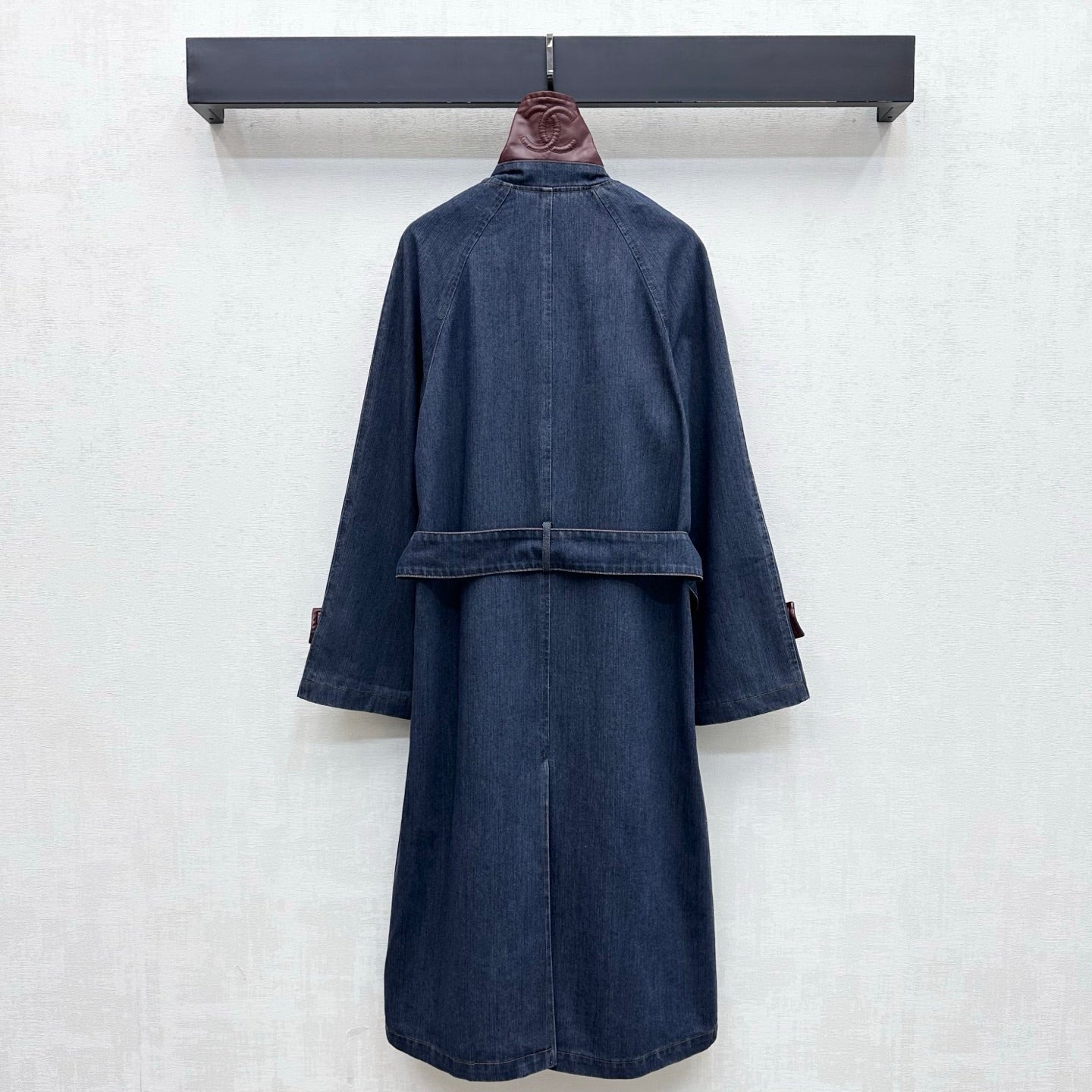 Leather-Collared Denim Trench Coat
