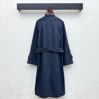 Leather-Collared Denim Trench Coat
