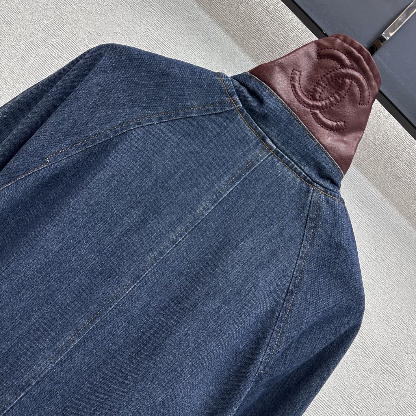 Leather-Collared Denim Trench Coat
