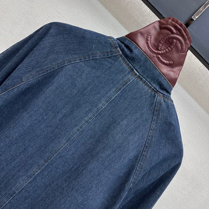 Leather-Collared Denim Trench Coat