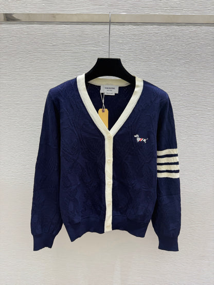 Thom Browne/26 New Puppy Embroidered Four-Bar V-Neck Cable Knit Cardigan