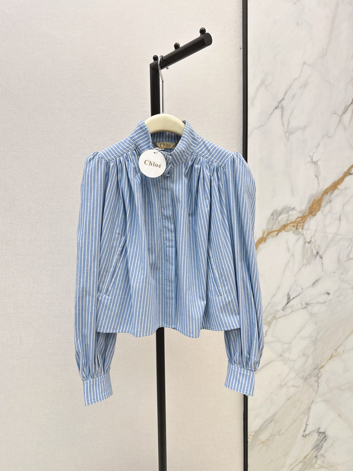 Chloé / 26 Early Autumn Latest Stand Collar Pleated Design Striped Shirt