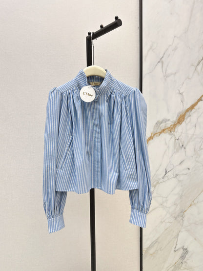 Chloé / 26 Early Autumn Latest Stand Collar Pleated Design Striped Shirt