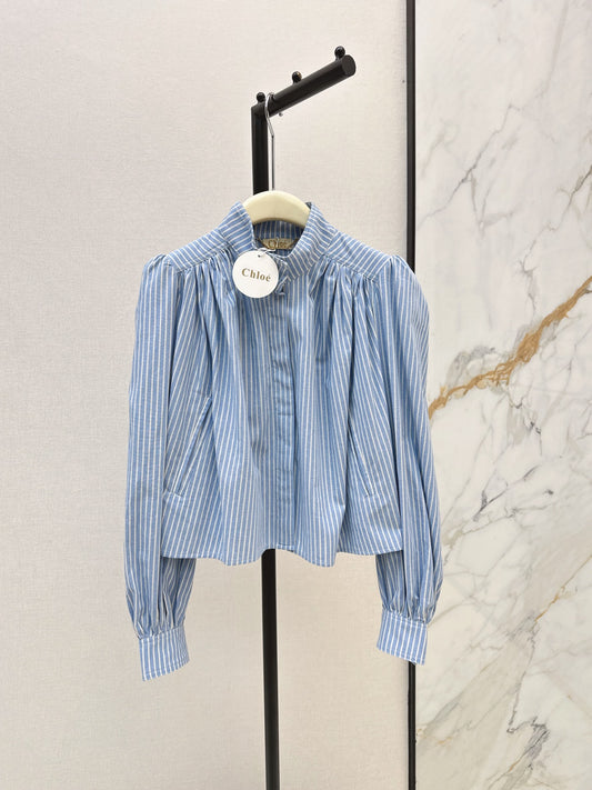 Chloé / 26 Early Autumn Latest Stand Collar Pleated Design Striped Shirt