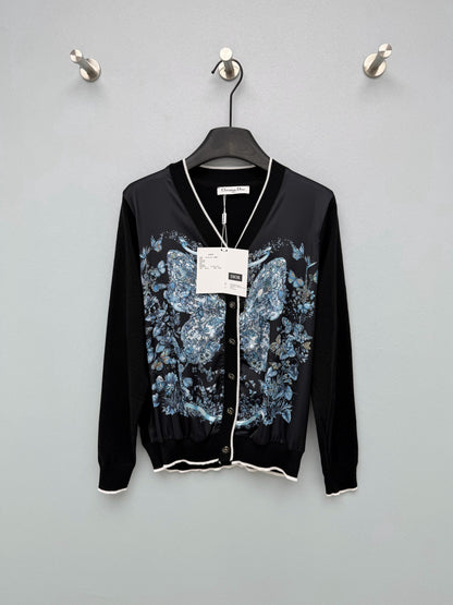 Dior / New Blue Butterfly Floral Satin Paneled Cardigan