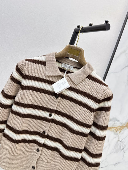 Brunello Cucinelli/26 Early Autumn Latest Color-Block Stripe Collared Cardigan
