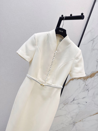 Dior/26 Fall-Winter Latest Milk White Waist-Cinching Short Sleeve Dress