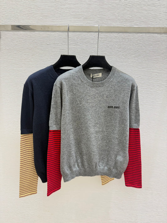 MiuMiu/26 Early Autumn New Colorblock Stripe Crew Neck Knit Long Sleeve