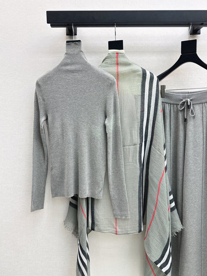 Dior/26 Early Autumn Latest Knit Set: Plaid Scarf + Turtleneck Top + Elastic Waist Straight Pants