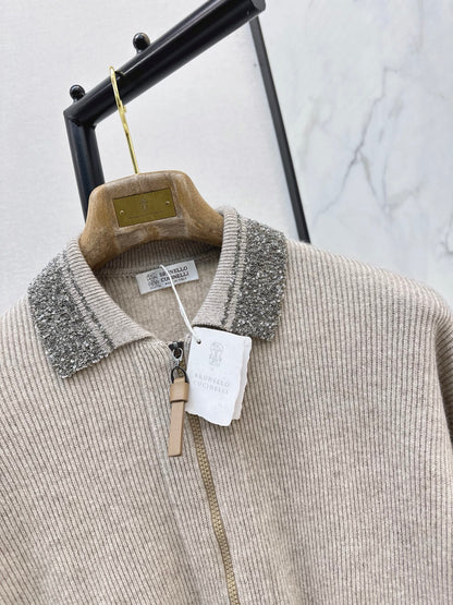 Brunello Cucinelli/26 Autumn/Winter New Pearl-Embellished Collar Knit Cardigan