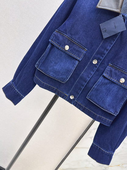 Prada/26 Fall-Winter New Color-Block Denim Jacket with Turn-Down Collar