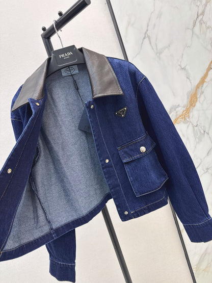 Prada/26 Fall-Winter New Color-Block Denim Jacket with Turn-Down Collar