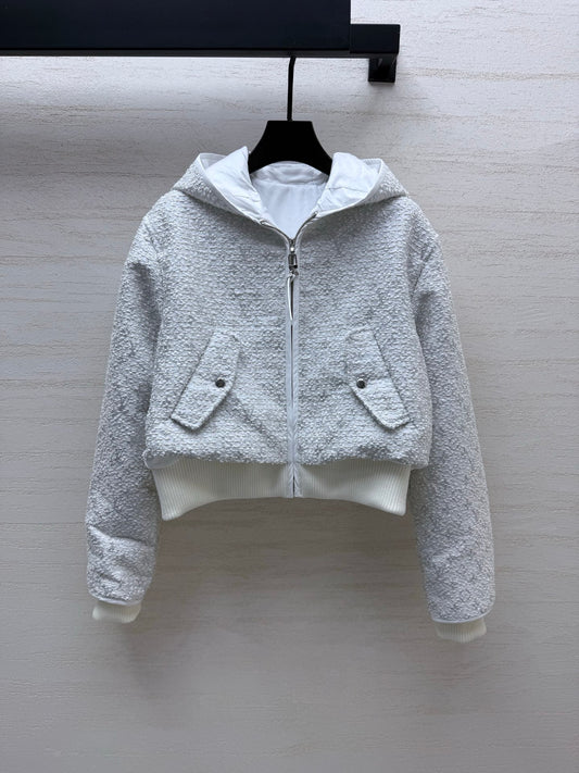 Louis Vuitton/26 Early Autumn Collection Light Gray Tweed Hoodie Zip Jacket