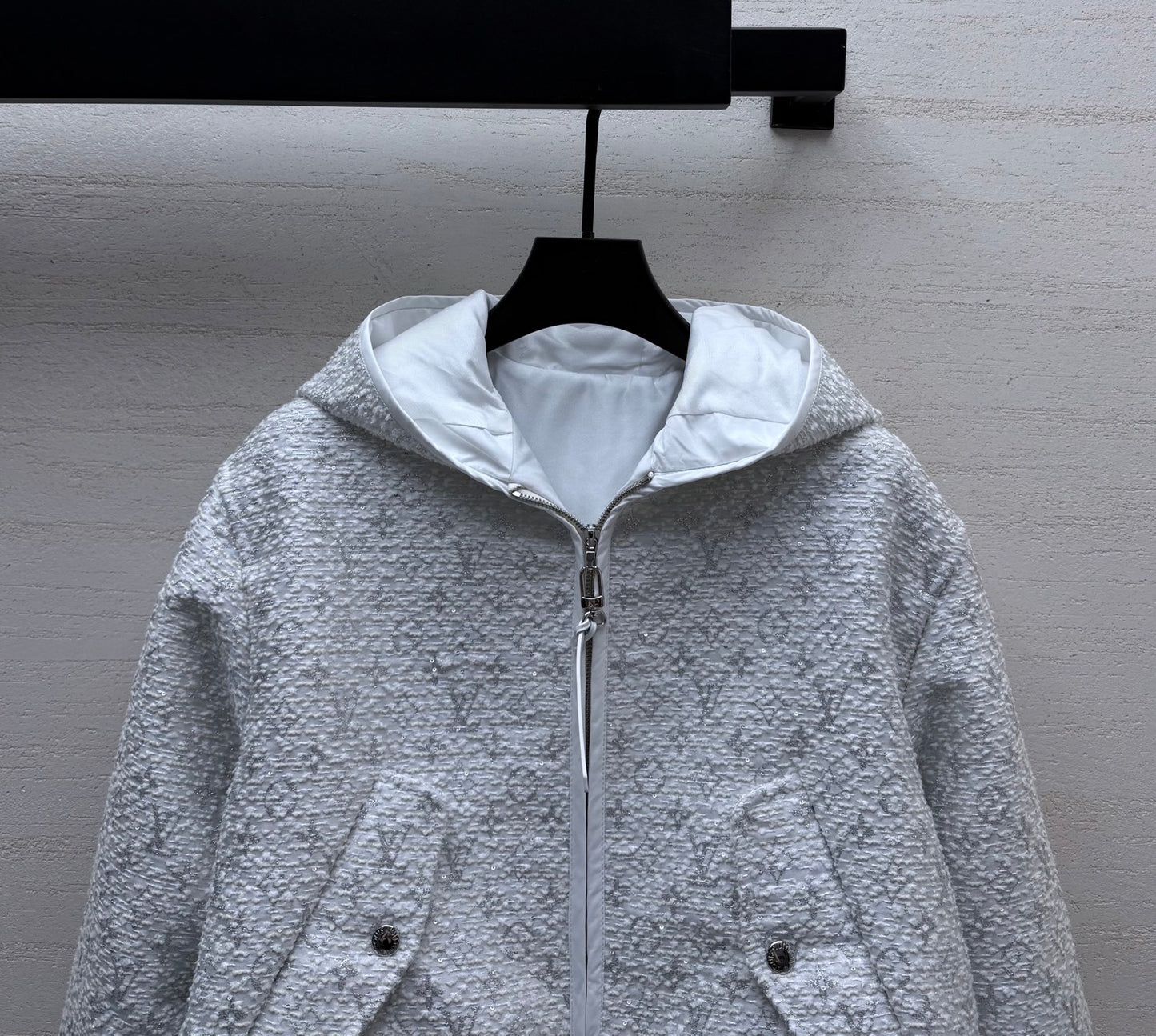 Louis Vuitton/26 Early Autumn Collection Light Gray Tweed Hoodie Zip Jacket