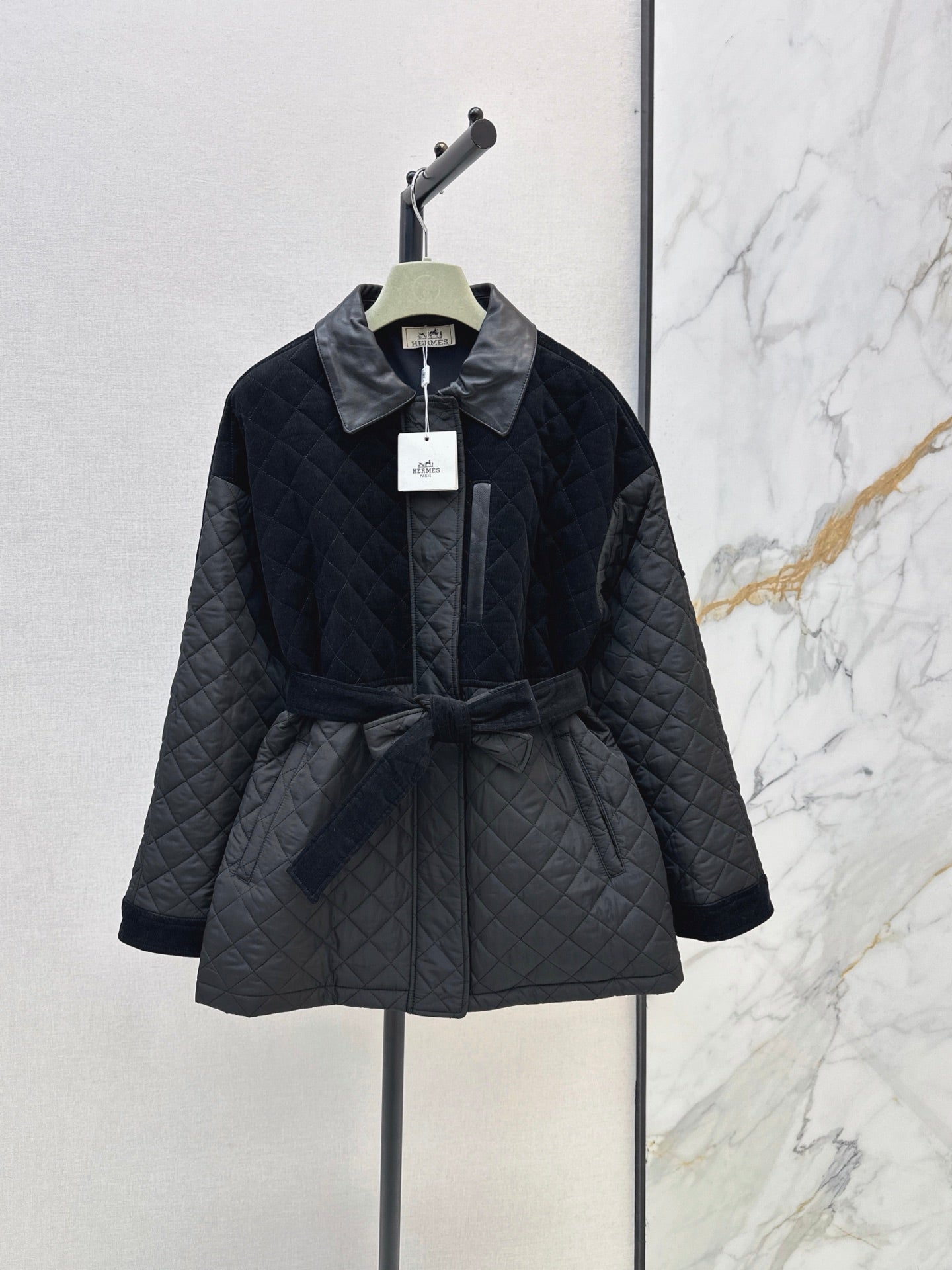 Hermès / 26 Fall-Winter Latest Patchwork Design Mid-Length Cotton Coat