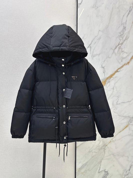 Prada/26 Hooded Waist-Cinching Down Jacket