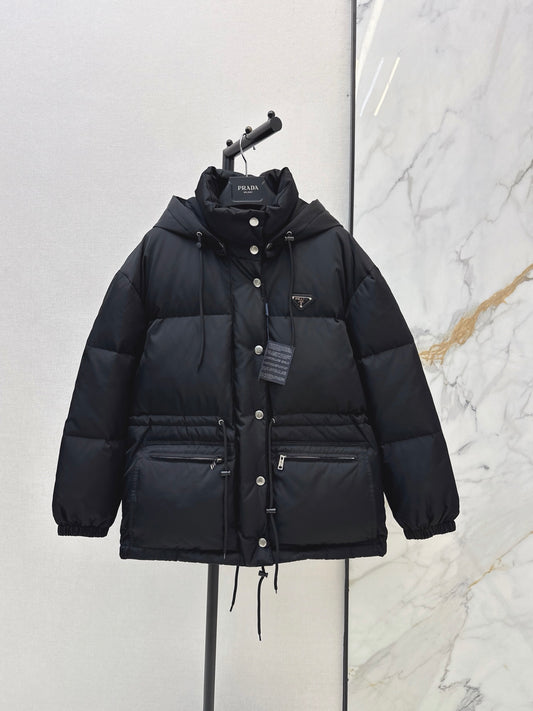 Prada/26 Hooded Waist-Cinching Down Jacket