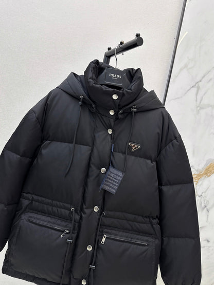 Prada/26 Hooded Waist-Cinching Down Jacket