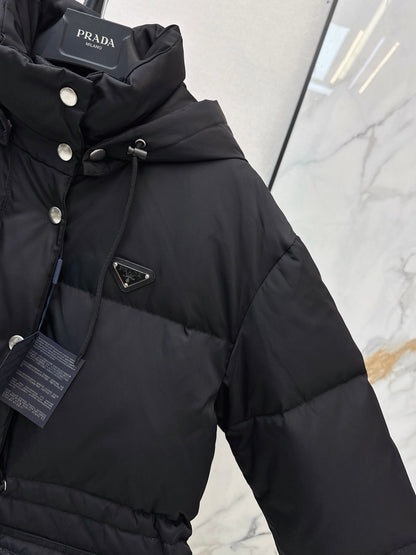 Prada/26 Hooded Waist-Cinching Down Jacket