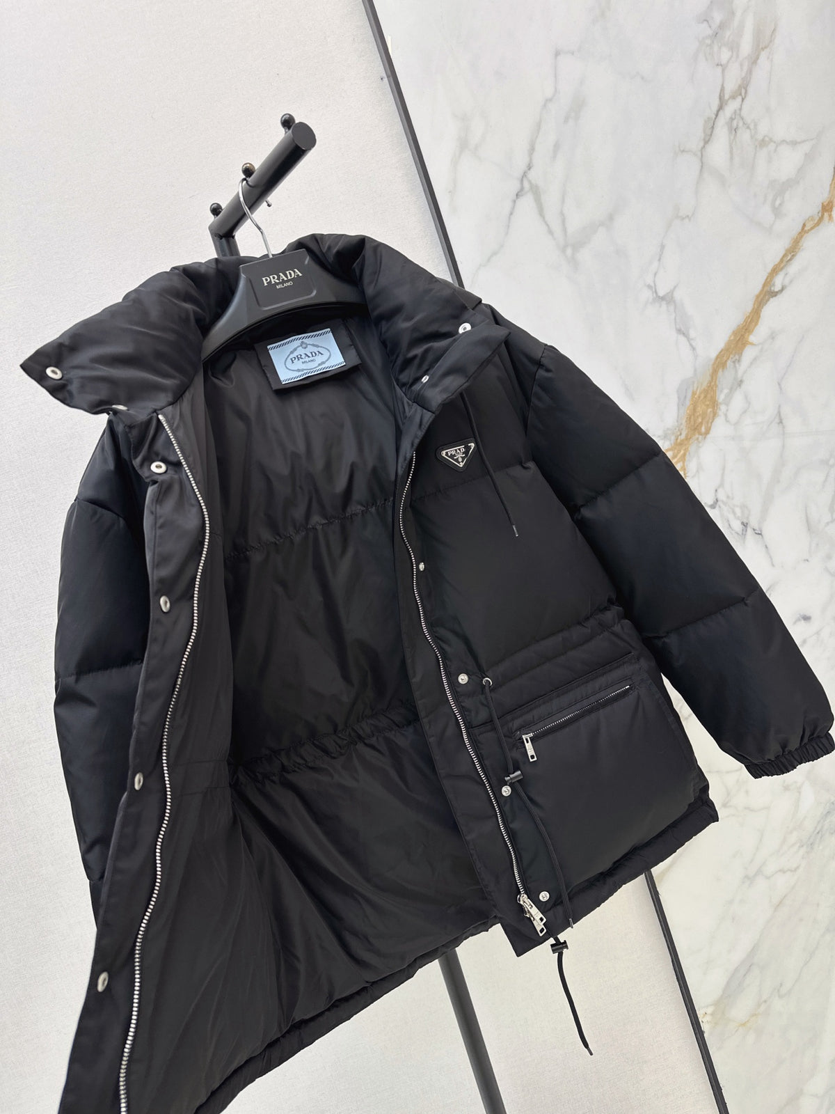 Prada/26 Hooded Waist-Cinching Down Jacket