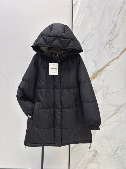 26 Fall/Winter Latest Simple Sleeve Patch Hooded Mid-Length Down Jacket