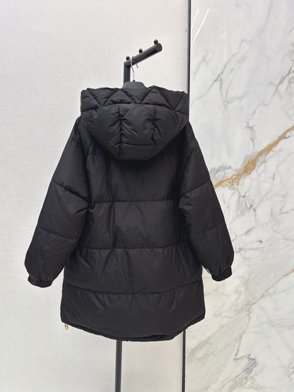 26 Fall/Winter Latest Simple Sleeve Patch Hooded Mid-Length Down Jacket