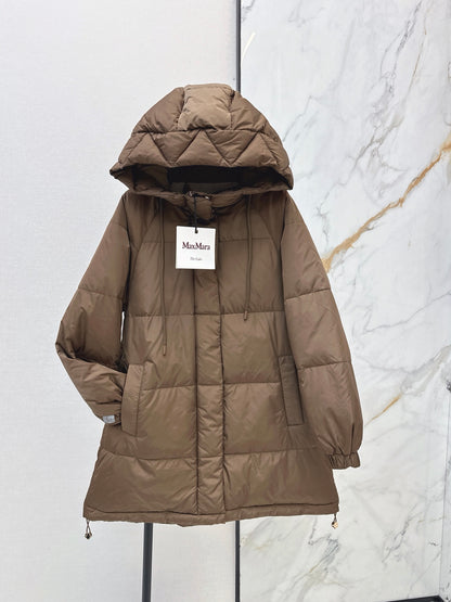 26 Fall/Winter Latest Simple Sleeve Patch Hooded Mid-Length Down Jacket