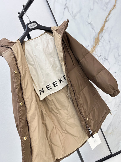 26 Fall/Winter Latest Simple Sleeve Patch Hooded Mid-Length Down Jacket
