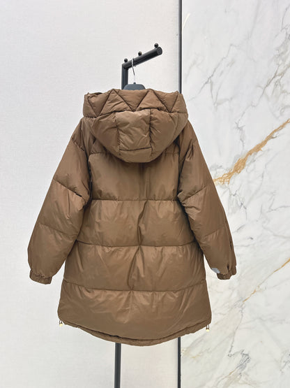 26 Fall/Winter Latest Simple Sleeve Patch Hooded Mid-Length Down Jacket
