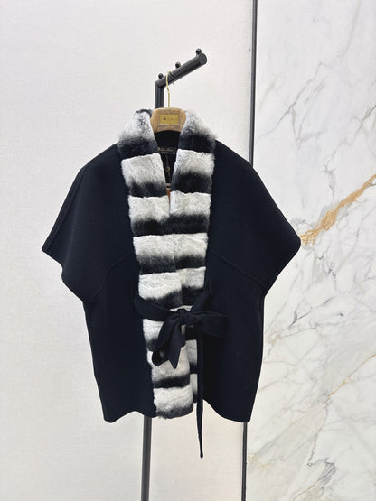 26 Fall/Winter Latest Color-Block Rex Rabbit Fur Tie Double-Sided Wool Cape Coat