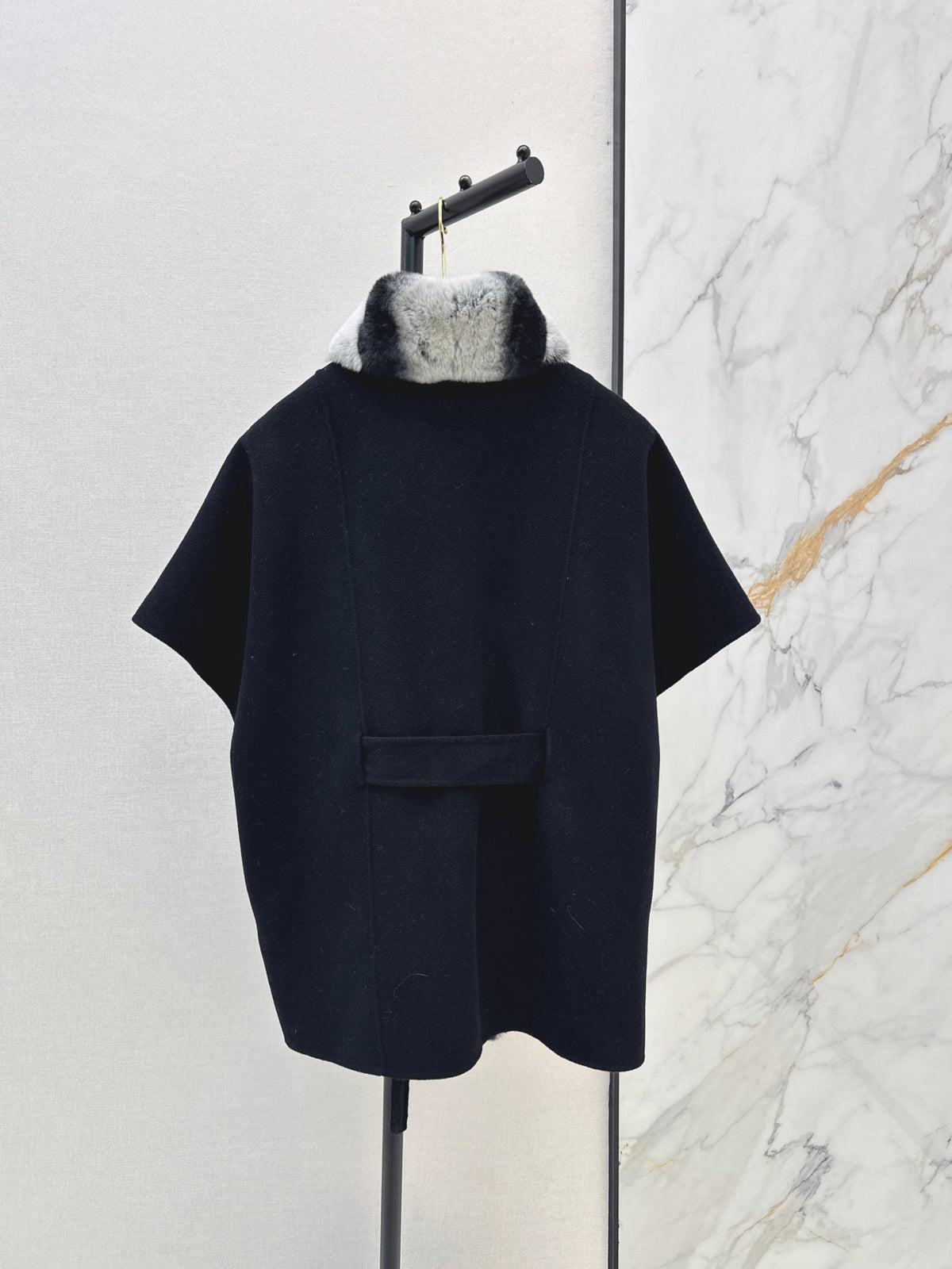 26 Fall/Winter Latest Color-Block Rex Rabbit Fur Tie Double-Sided Wool Cape Coat