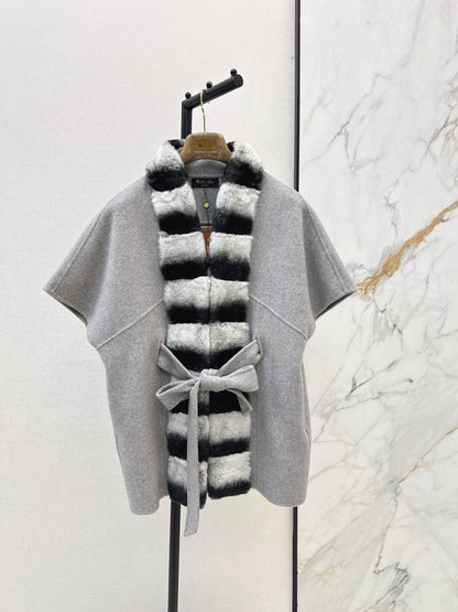 26 Fall/Winter Latest Color-Block Rex Rabbit Fur Tie Double-Sided Wool Cape Coat