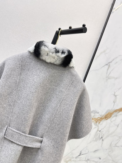 26 Fall/Winter Latest Color-Block Rex Rabbit Fur Tie Double-Sided Wool Cape Coat