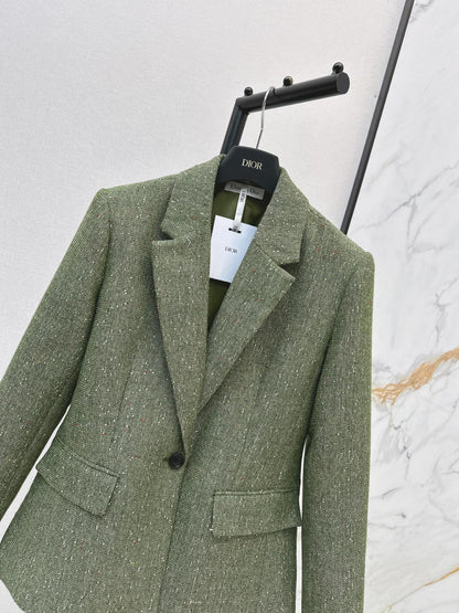 26 Fall/Winter Latest High-End Glittery Green Tweed Lapel Blazer