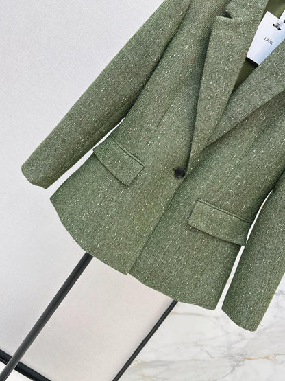 26 Fall/Winter Latest High-End Glittery Green Tweed Lapel Blazer