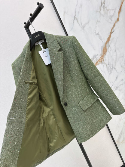 26 Fall/Winter Latest High-End Glittery Green Tweed Lapel Blazer