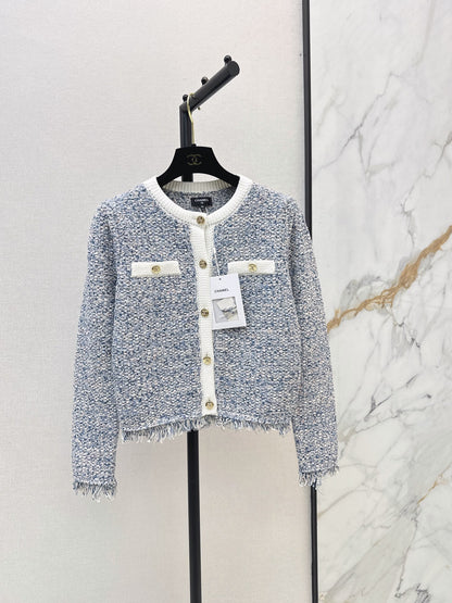 26Latest Autumn/Winter Blue-Toned Mixed-Yarn Tasseled Knit Cardigan