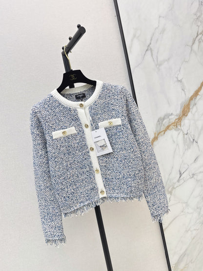 26Latest Autumn/Winter Blue-Toned Mixed-Yarn Tasseled Knit Cardigan
