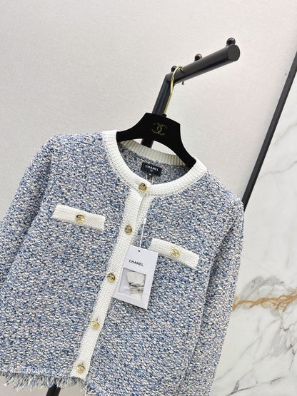 26Latest Autumn/Winter Blue-Toned Mixed-Yarn Tasseled Knit Cardigan