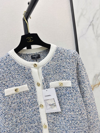 26Latest Autumn/Winter Blue-Toned Mixed-Yarn Tasseled Knit Cardigan