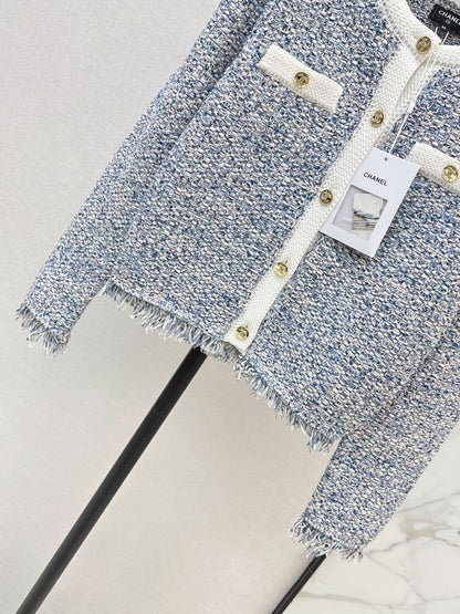 26Latest Autumn/Winter Blue-Toned Mixed-Yarn Tasseled Knit Cardigan