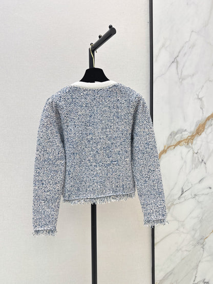 26Latest Autumn/Winter Blue-Toned Mixed-Yarn Tasseled Knit Cardigan