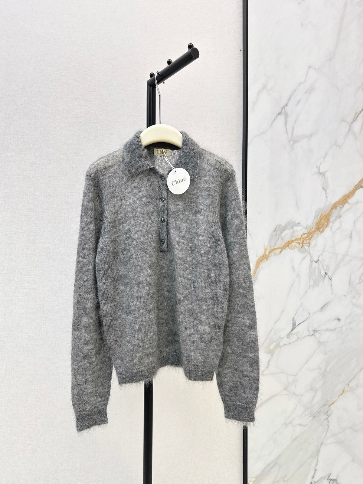 26Latest Autumn/Winter Speckled Grey Mohair Polo-Collar Knit