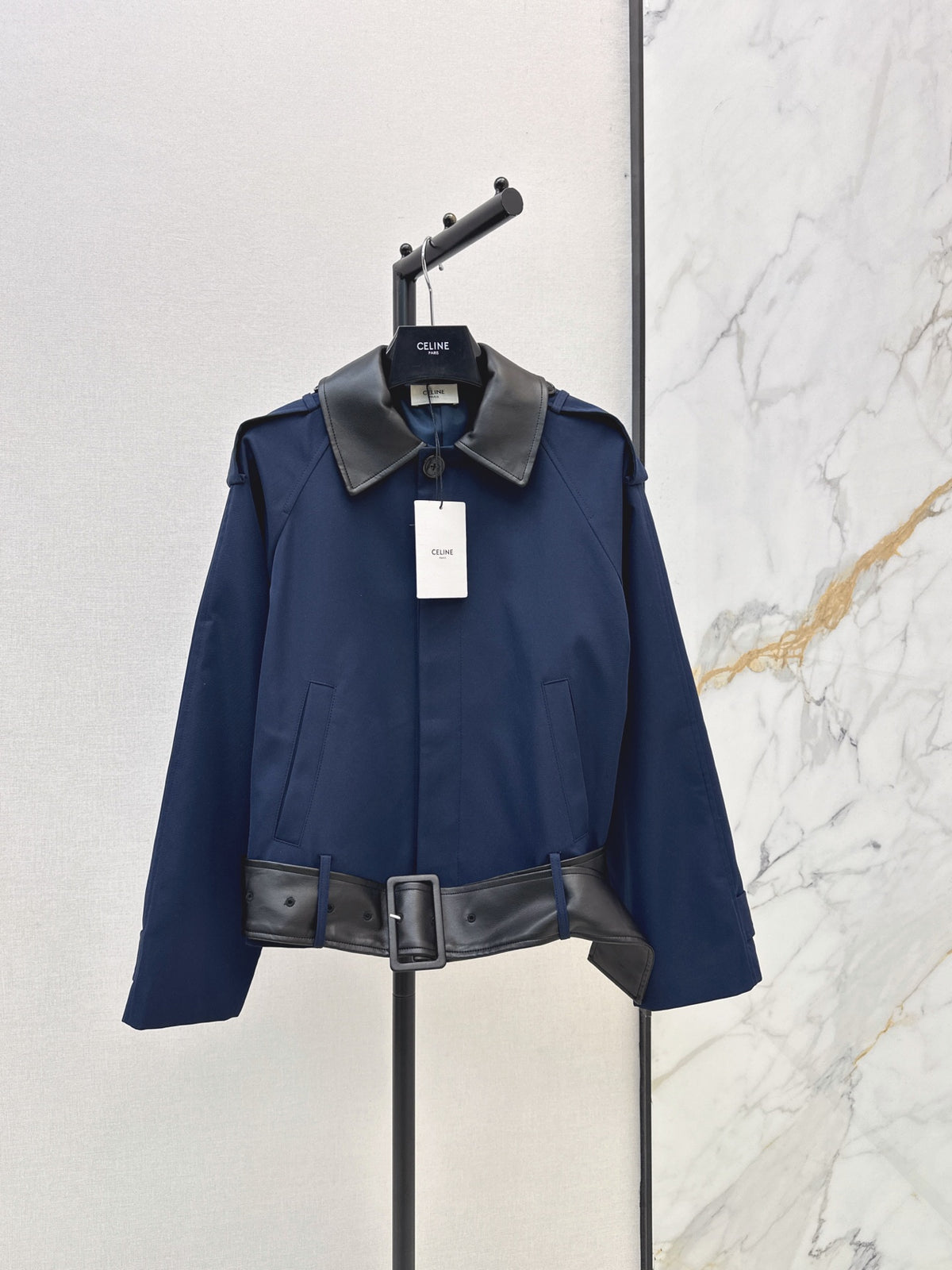 26Latest Autumn/Winter Navy Short Trench Jacket with Leather Accents