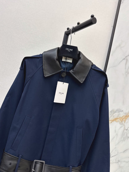 26Latest Autumn/Winter Navy Short Trench Jacket with Leather Accents
