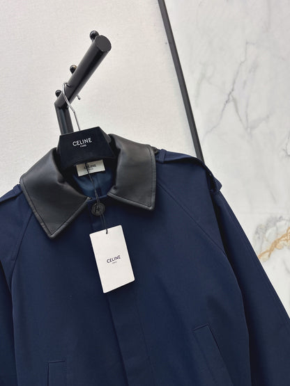 26Latest Autumn/Winter Navy Short Trench Jacket with Leather Accents