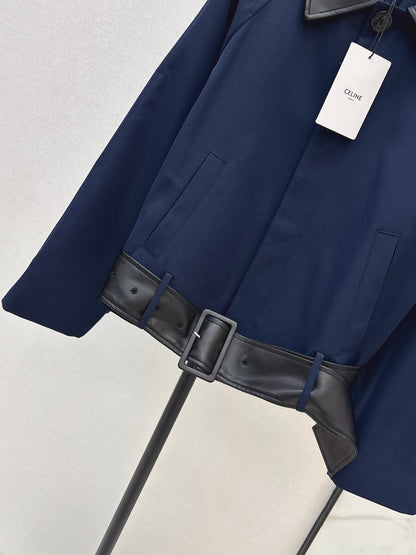 26Latest Autumn/Winter Navy Short Trench Jacket with Leather Accents