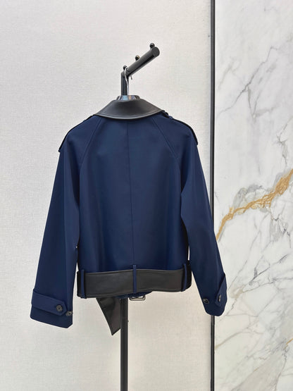 26Latest Autumn/Winter Navy Short Trench Jacket with Leather Accents