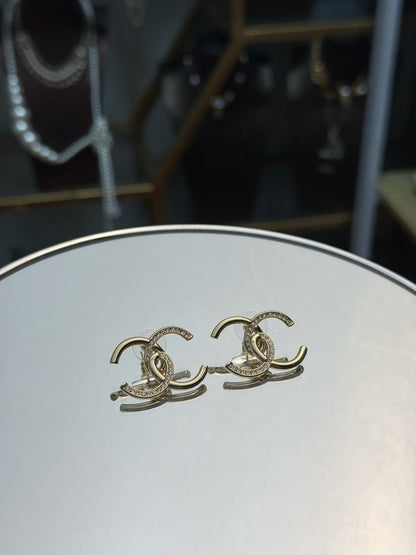 26B New Half-Diamond/Half-Gold Mixed-Media Double-C Earrings